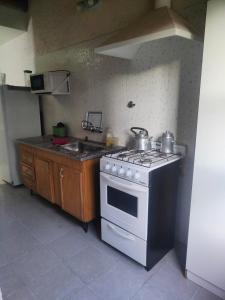 a kitchen with a white stove and a sink at Cabañas El Rosedal in San Rafael +3 photos