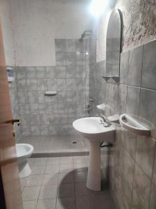 a bathroom with a sink and a shower and a toilet at Cabañas El Rosedal in San Rafael