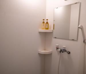 een badkamer met een spiegel, een wastafel en een toilet bij OASIS NANIWA in Osaka