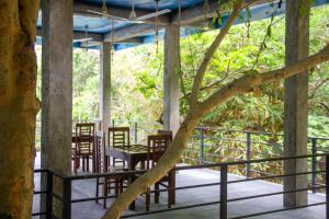 a room with chairs and tables and a tree at Saliyawewa Cabins in Kala Oya