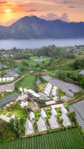 an aerial view of a farm with a lake and mountains at The Dewi Kintamani Luxury Glamping and Natural Hotspring in Kintamani