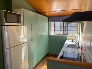 a kitchen with green cabinets and a white refrigerator at Beach Break in Mount Maunganui +11 photos