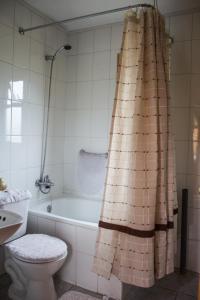 a bathroom with a tub and a toilet and a shower curtain at Cabañas Shangrila Aysen in Puerto Aisén
