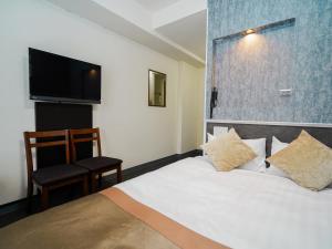 Schlafzimmer mit einem Bett, einem TV und einem Stuhl in der Unterkunft Hotel Areaone Okayama - Vacation STAY 32493v in Okayama