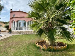 a palm tree in front of a pink house at El Barco in L'Ametlla de Mar