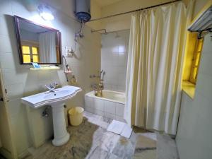 a bathroom with a sink and a shower and a tub at Palkiya Haveli - Heritage Hotel in Kota