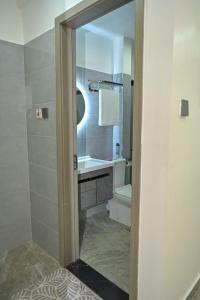 a bathroom with a sink and a toilet and a mirror at Nicestay Homes in Nairobi