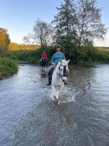 a man riding a horse through a river at Le moulin de vaux in Nochizé