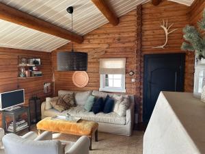 a living room with a couch and a tv at Chalet Skogshorn in Markegardlian
