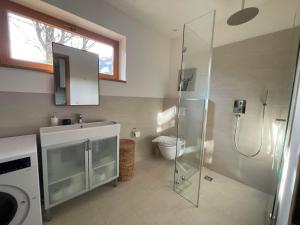 a bathroom with a shower and a sink and a toilet at Winklern Lodges in Kitzbühel +35 photos