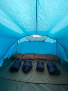 a blue tent with four sleeping bags in it at Snow Princess Mountain Glamping Resort at Clubbali,Lembang in Cibogo
