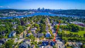 an aerial view of a residential neighborhood with a city at Perch - Wallingford Comfort in Seattle
