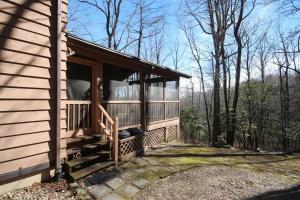 a screened in porch of a house with trees at Chestnut Ridge in Connestee in Rosman