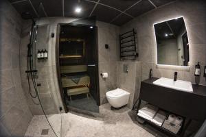 a bathroom with a shower and a toilet and a sink at Hotel Ylläsrinne Deluxe in Ylläsjärvi +36 photos
