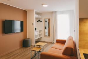 a living room with a couch and a flat screen tv at Miranove in Montpellier