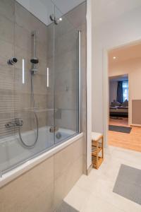 a bathroom with a shower with a glass door at Traumhaftes Apartment mitten in Halle an der Saale No2 in Halle an der Saale