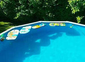 ein blauer Tisch mit Bildern von Tieren darauf in der Unterkunft Gran chalet con jardín, piscina y BBQ in Sada