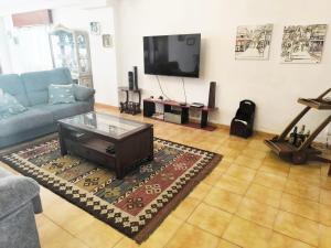 ein Wohnzimmer mit Sofa und Fernseher in der Unterkunft Gran chalet con jardín, piscina y BBQ in Sada + 27 Fotos