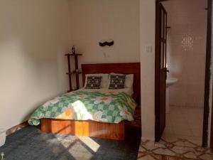 a bedroom with a bed and a bathroom with a shower at Furnished Downtown 2 Bedrooms in Brazzaville