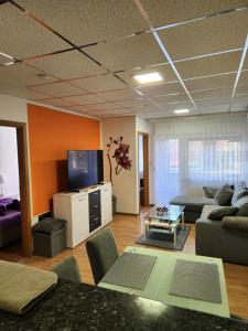 a living room with a couch and a tv at APARTMAN LIDER Zagreb Free Parking 2 Bedrooms 54 m2 Self Check-in in Zagreb