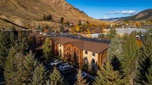 an aerial view of a building with a parking lot at The Lodge at Jackson Hole in Jackson