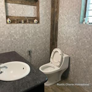 Un baño con un inodoro blanco y un lavabo. en Rustic Charm Homestead, en Mudigere 21 fotos más