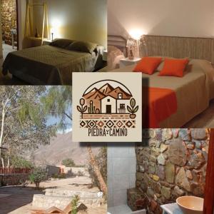 a collage of pictures of a hotel room with a bed and a sign at Alojamiento Piedra y Camino Tilcara in Tilcara