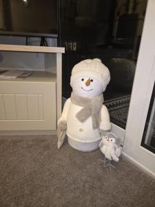 a stuffed snowman sitting on the floor with two birds at Lynmar retreat No 35 in Dornoch +18 photos