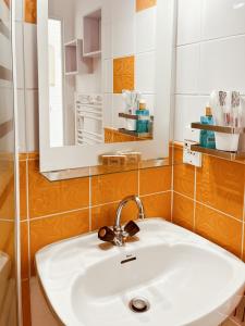 ein Badezimmer mit Waschbecken und Spiegel in der Unterkunft Le Haut Griou aux pieds sur les pistes, 8pers, cœur station, Le Lioran in Laveissière