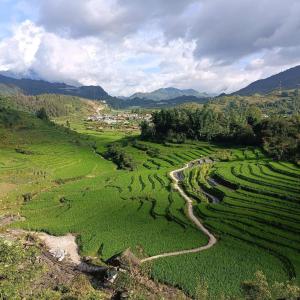 an aerial view of a green field with a river at Ta Phin Stone Mountain Homestay in Sa Pa