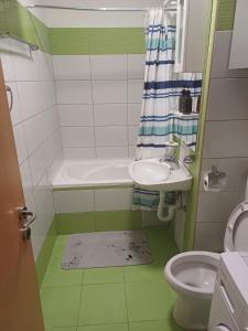a green and white bathroom with a sink and a toilet at Milutin in Pale +13 photos