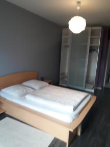 een slaapkamer met een groot bed en een licht bij Vacances a St Germain d Esteuil 33340 in Saint-Germain-dʼEsteuil