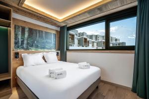 蒂涅Chalet Hôtel Quartz的一间卧室，里面有一张床和一扇大窗户。