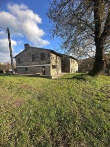 an old stone house in a field with a tree at Antica Vigna Toscana in Poppi