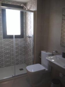une salle de bains avec douche, toilettes et lavabo dans l'établissement Moderno apartamento con piscina R35 by Novadesta, à Arenales del Sol