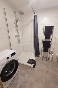 a shower with a washing machine in a bathroom at Haus-Alter in Wilhelmshaven +21 photos