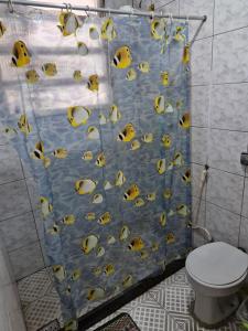 y baño con cortina de ducha y aseo. en Ap simple e bem localizado no centro da lapa, en Río de Janeiro
