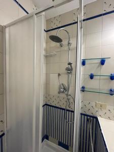 una ducha con cortina de ducha en un baño en Stanza con ottima posizione, en Roma