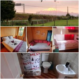 a collage of pictures of a room with a bed and a toilet at Cabañas Lago Llanquihue in Llanquihue