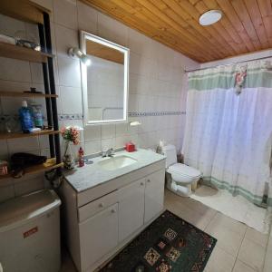 een badkamer met een wastafel, een toilet en een spiegel bij Hermosa casa de campo in Talca