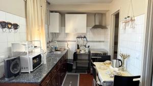 a kitchen with a counter top with a microwave at Areal Guest House in Figueiró dos Vinhos