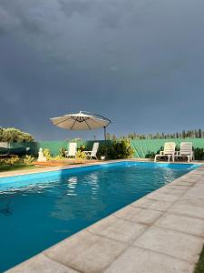 una piscina con sombrilla y 2 sillas en Departamento con Pileta camino a Cañon del Atuel San Isidro Pleno, en San Rafael