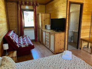 a room with a bed and a tv in a cabin at Camping Valle de Hecho in Hecho