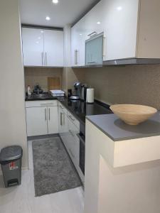 Una cocina con gabinetes blancos y un recipiente sobre una encimera. en Apartman ARNO, en Sarajevo