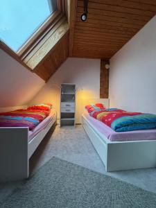 a bedroom with two beds in a attic at Starkenburgblick in Heppenheim an der Bergstrasse