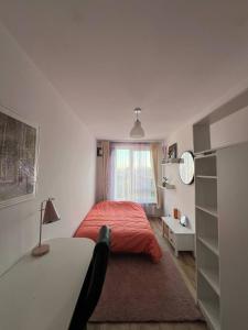 クラクフにあるLoft Apartmentのベッドと机と窓のある寝室
