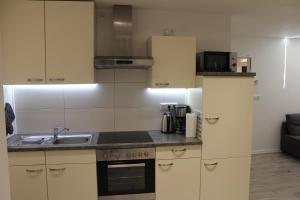 a kitchen with a sink and a stove top oven at Ferienwohnung Moin Moin 2C in Silberstedt +5 photos