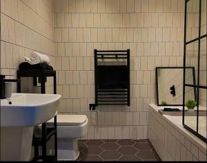 a bathroom with a sink and a toilet and a mirror at Chic Central, Relaxing, Restful, Retreat, Heated Floors, High Ceiling, Open Plan, City Centre, 1BR in Sheffield +9 photos