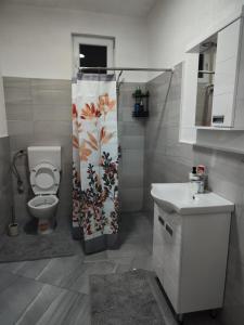 a bathroom with a toilet and a shower curtain at Apartmani Valterova in Prijepolje +23 photos