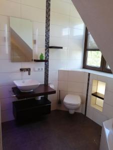 a bathroom with a sink and a toilet at Moderne und ruhige Ferienwohnung in Feuchtwangen